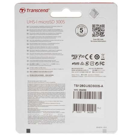 Флеш карта Transcend Micro SecureDigital 128Gb MicroSDXC Class 10 UHS-I U3, SD adapter(TS128GUSD300S-A)