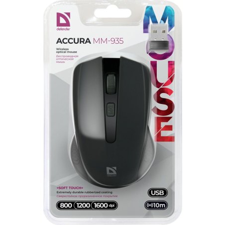 Мышь беспроводная Defender Accura MM-935 черный, 1600 dpi, радиоканал, USB, кнопки - 4
