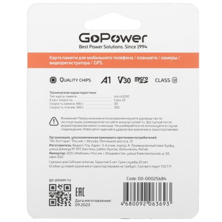 Карта памяти microSD GoPower 256Gb Class10 UHS-I (U3) 100 МБ/сек V30 без адаптера