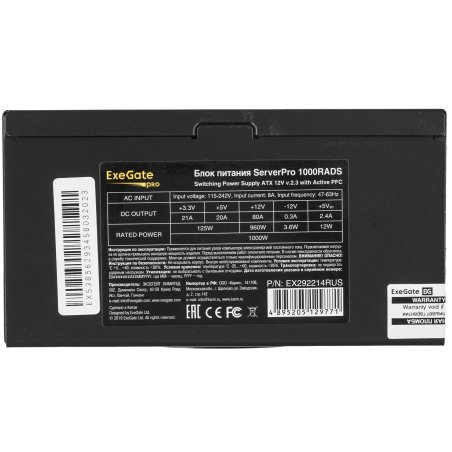 Блок питания серверный 1000W ExeGate ServerPRO-1000RADS (ATX, for 3U+ cases, APFC, КПД 82% (80 PLUS), 14cm fan, 24pin, 2(4+4)pin, PCIe, 5xSATA, 4xIDE, Cable Management, black)