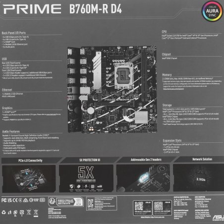 Материнская плата ASUS PRIME B760M-R D4, LGA 1700, Intel B760, 2xDDR4, 4xSATA, 2xM.2, 1xPCIe 4.0 x16, 1xPCIe x1, 1xHDMI, 1x 2.5Gb LAN, 4xUSB-A 2.0, 4xUSB-A 3.2 Gen 1, 3x3.5 мм, 7.1, mATX