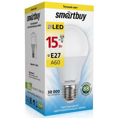 Светодиодная (LED) Лампа Smartbuy-A60-15W/3000/E27