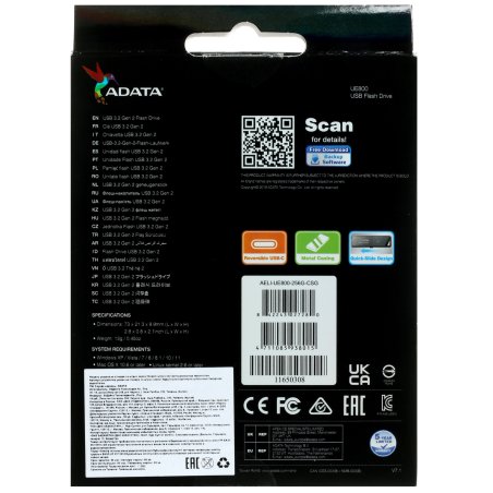 Флешка USB ADATA UE800 (AELI-UE800-256G-CSG), 256Gb, Type-C USB 3.2, R/W 1000/950, серебристый