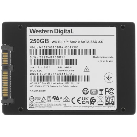 Накопитель SSD WD Blue SA510 WDS250G3B0A, 250Gb, SATA III, 2.5", R/W 555/440