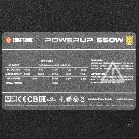 Блок питания Chieftec CHIEFTRONIC PowerUp GPX-550FC (ATX 2.3, 550W, 80 PLUS GOLD, Active PFC, 120мм fan, Full Cable Management, LLC design) Retail
