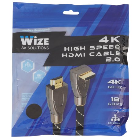 Кабель HDMI Wize WAVC-HDMIRA-3M 3 м., v.2.0b, 19M/19M, 4K/60 Hz 4:4:4, 26 AWG, HDCP 1.4, HDCP 2.2, Ethernet, позол.угловой разъем, экран, черный, пакет