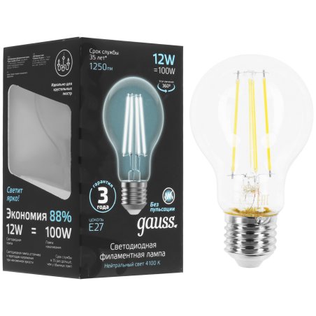 Лампа cветодиодная Gauss Filament А60 12W 1250lm 4100К Е27 LED 1/10/40