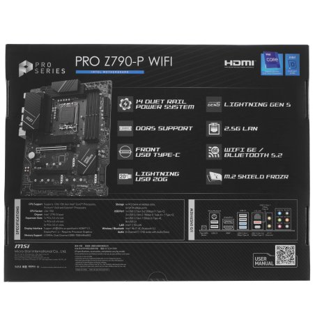 Материнская плата MSI PRO Z790-P WIFI, LGA 1700, Intel Z790, 4xDDR5, 6xSATA, 4xM.2, 1xPCIe 5.0 x16, 1xPCIe 4.0 x16, 1xPCIe 3.0 x16, 1xPCIe x1, 1xHDMI, 1xDP, 1x2.5Gb LAN, 4xUSB-A 2.0, 2xUSB-A 3.2 Gen 1, 1xUSB-A 3.2 Gen 2, 1xUSB-C 3.2 Gen 2x2, 6x3.5мм, 7.1,