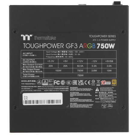 Блок питания Thermaltake Toughpower GF3 ARGb (PS-TPD-0750F4FAGE-1), 750Вт, 80 PLUS Gold, 140мм, модульный, черный