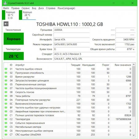 Жесткий диск HDD Toshiba L200 1Tb 5400rpm SATA-III 128Mb 2.5"