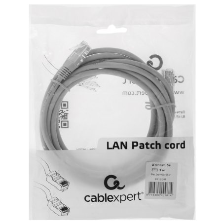 Патч-корд UTP Cablexpert PP12-3M/BK 5e, 3м, литой, многожильный, черный