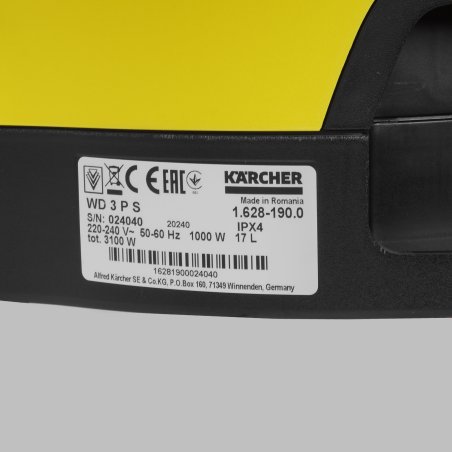 Строительный пылесос Karcher WD 3 P S V-17/4/20 желтый, 1000 Вт, уборка сухая/сбор воды, пылесборник мешок/контейнер, 17 л