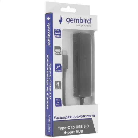 Концентратор USB 3.0 Gembird UHB-C364, 4 порта, Type-C, с доп питанием