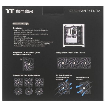 Вентилятор Thermaltake Toughfan EX14 Pro реверсивный 140x140x25mm черный 4-pin 31.6-34.1dB Ret (CL-F172-PL14BL-A)