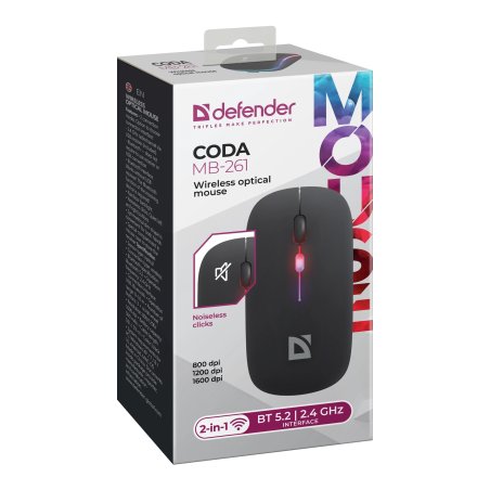 Мышь беспроводная Defender Coda MB-261 черный, 1600 dpi, радиоканал, Bluetooth, USB, кнопки - 4