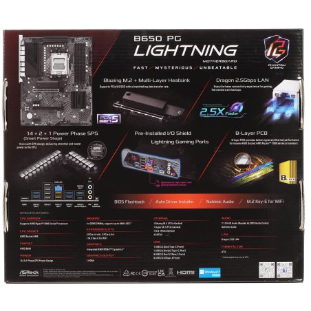Материнская плата ASRock B650 PG Lightning, AM5, AMD B650, 4xDDR5, 4xSATA, 3xM.2, 1xPCI-E 4.0 x16, 1xPCI-E 4.0 x2, 1xHDMI, 1x 2.5Gb LAN, 4xUSB-A 2.0, 7xUSB-A 3.2 Gen 1, 1xUSB-C 3.2 Gen 2x2, 3x3.5 мм, 7.1, ATX