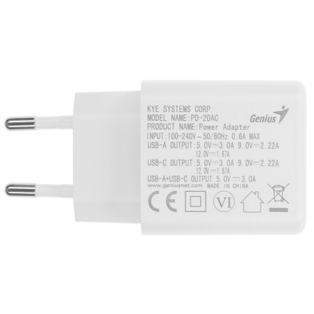 Сетевое зарядное устройство Genius PD-20ACP, EU, белый