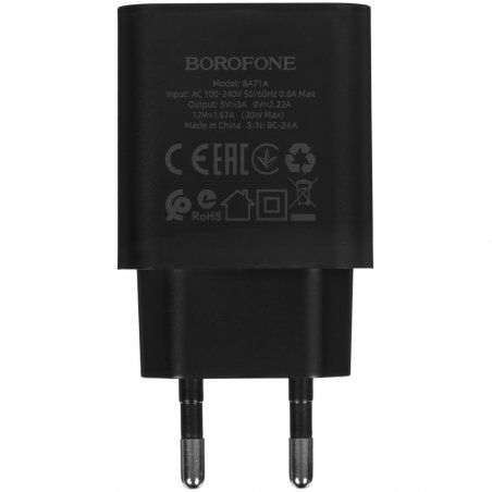 Сетевое зарядное устройство 1 Type-C Borofone BA71A Power, пластик, PD20Вт, QC3.0, черный (1/75/300)