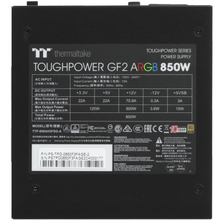 Блок питания Thermaltake Toughpower GF2 ARGb (PS-TPD-0850F3FAGE-2), 850Вт, 80 PLUS Gold, 140мм, модульный, черный