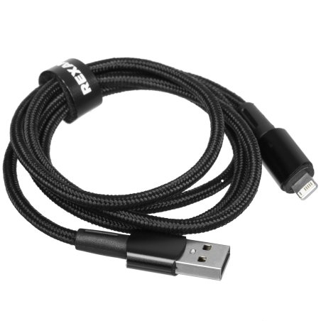 Кабель Rexant USB-A - Lightning для Apple, 2,4А, 1м, в черной нейлоновой оплетке, со световой индикацией