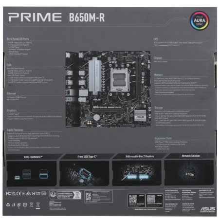 Материнская плата ASUS PRIME B650M-R, Socket AM5, AMD B650, 2xDDR5, 4xSATA, 2xM.2, 1xPCIe 4.0 x16, 1xPCIe x1, 1xHDMI, 1x 2.5Gb LAN, 2xUSB-A 3.2 Gen 1, 4xUSB-A 2.0, 3x3.5 мм, 7.1, mATX