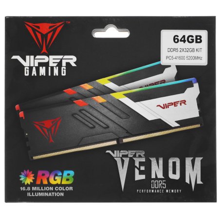 Оперативная память Patriot Viper Venom, DDR5, 64Gb (2x32Gb), 5200MHz, CL40, DIMM, с радиаторами, RGb, черный