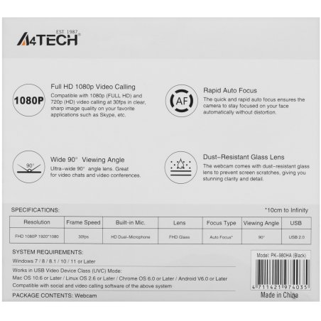Веб-камера A4Tech PK-980HA черный 2Mpix (1920x1080) USB3.0 с микрофоном