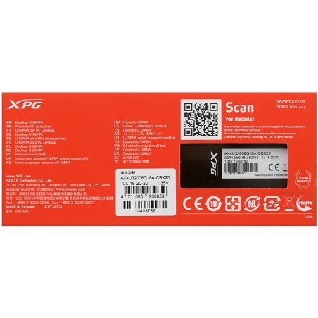 Оперативная память XPG Gammix D20, DDR4, 8Gb (1x8Gb), 3200MHz, CL16, UDIMM, с радиатором, черный