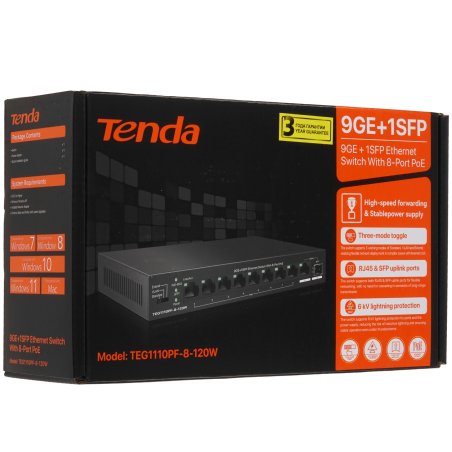 Коммутатор неуправляемый Tenda TEG1110PF-8-120W PoE, 10 портов, 9x1 Gbит/с, SFP 1х1 Gbит/с, PoE 8х30 Вт (до 102 Вт)