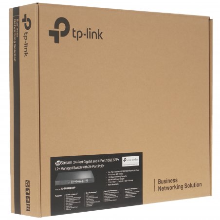 Коммутатор TP-Link 24-port Gigabit Managed PoE switch with 4 10G SFP+ ports, support 802.3af/at PoE, 1 console port, 19-inch rack mount, support L2/L2+ features.