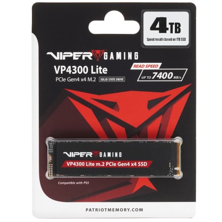 Накопитель SSD Patriot Viper VP4300 Lite, 4Tb, PCIe 4.0 x4, M.2 2280, NVMe, R/W 7400/6000, с радиатором