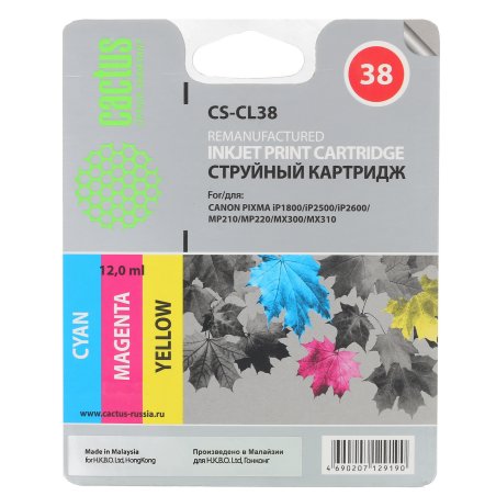 Картридж струйный Cactus CS-CL38 цветной (9 мл.) для Canon Pixma iP1800/iP1900/iP2500/iP2600/MP140/MP190/MP210/MP220/MP470/MX300/MX310
