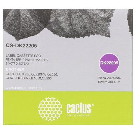 Картридж ленточный Cactus CS-DK22205 62мм, черный шрифт, белый фон, 30.48м для Brother P-touch QL-500, QL-550, QL-700, QL-800
