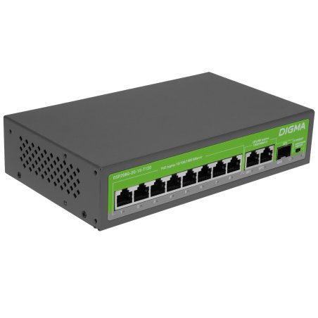 Коммутатор Digma DSP208G-2G-1S-T120 (L2) 10x1Gbит/с 1SFP 8PoE 8PoE+ 120W неуправляемый