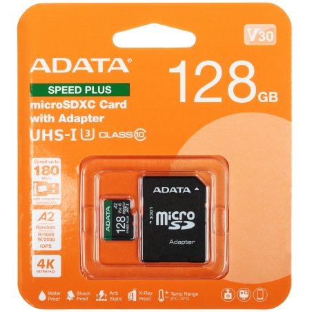 Флеш карта microSD ADATA 128Gb microSDXC Class 10 UHS-I U3 V30 A2 160/140 MB/s (SD адаптер)