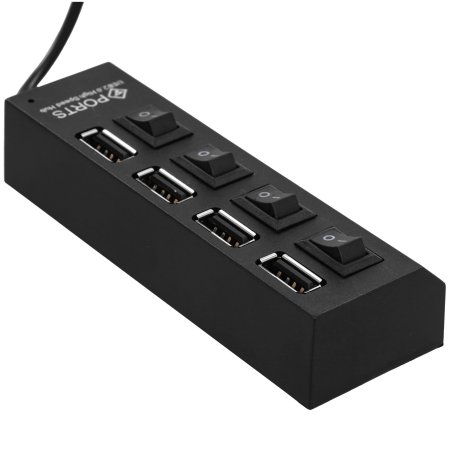 Разветвитель USB2.0 Gembird 4xUSB, блок питания 2А, подсветка и выкл, кабель USB 55см, черный (UHB-U2P4-02A)