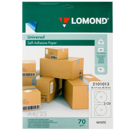 Самоклеящаяся бумага Lomond универсальная для этикеток, A4, 2 шт для CD/DVD (D117 / D18мм), 70 г/м2, 25 листов