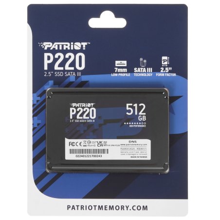 Накопитель SSD Patriot P220, 512Gb, SATA III, 2.5", R/W 550/500