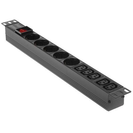 Блок розеток горизонтальный ExeGate ServerPro PDU-19H008 Al-5C135S-C14-SW, 19", 1U, Алюминий, 5 IEC 320 C13, 5 Schuko, С14, выкл. с подсветкой, черный