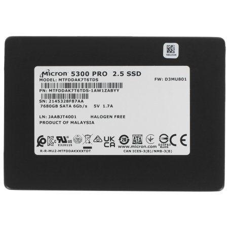 Накопитель SSD Crucial Micron 5300 PRO, 7680Gb, SATA III, R/W 540/520