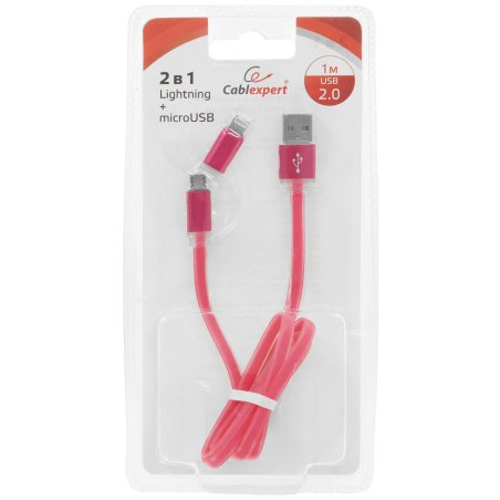 Кабель USB2.0 Cablexpert CC-mAPUSB2pk1m, AM/microBM 5P - iPhone lightning, 1м, комбо кабель, алюминиевые разъемы, розовый, блистер