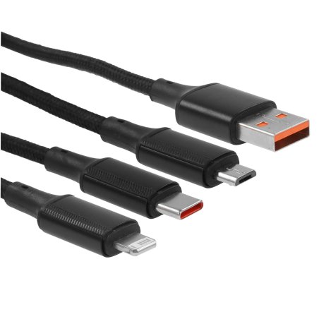 Кабель Rexant USB 3в1 Type-С (6A), Lightning (2,4A), micro USB (3A) 1,2м, в черной оплетке