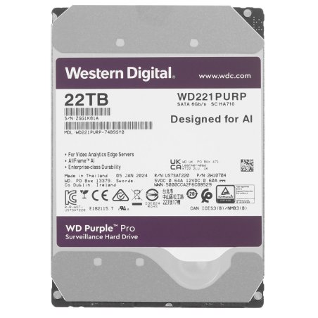 Жесткий диск Western Digital Purple PRO WD221PURP 22Tb 3.5" 7200 RPM 512MB SATA-III All Frame AI для систем видеонаблюдения