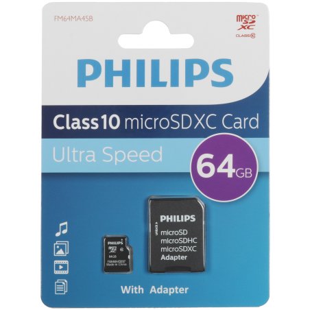 Флеш карта microSD 64Gb PHILIPS microSDHC Class 10 (SD адаптер)