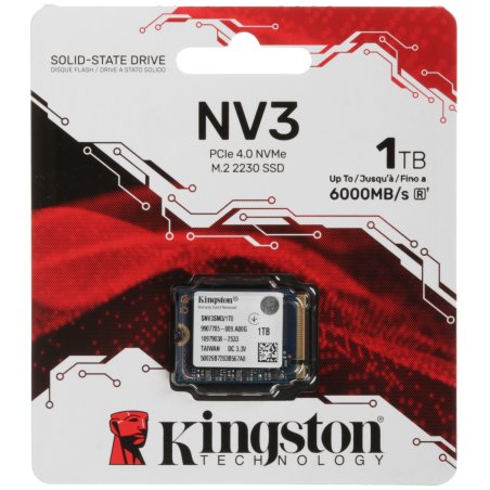 Накопитель SSD Kingston NV3, 1000Gb, M.2(22x30мм), NVMe, PCIe 4.0 x4, 3D TLC, R/W 6000/4000Mb/s, TbW 320, DWPD 0.2 (60 мес)