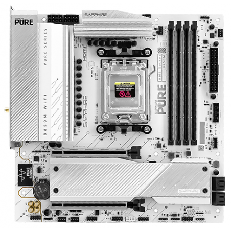 Материнская плата Sapphire B850M PURE WIFI B850, AM5, 4*DDR5, 2*PCIEx16, 2*M.2, 2*TypeC, 3*USB3.2Gen2, 2*USB3.2Gen1, 6*USB2.0, 4*SATA3.0, 2.5G, DP, HDMI, M-ATX, RTL