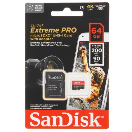Флеш карта SanDisk Extreme Pro microSD UHS I Card 64GB for 4K Video on Smartphones, Action Cams & Drones 200MB/s Read, 90MB/s Write, Lifetime Warranty
