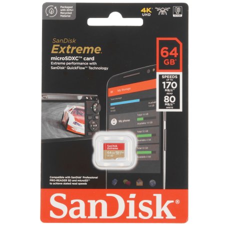 Флеш карта microSD 64Gb SanDisk microSDXC Class 10 UHS-I A1 C10 V30 U3 Extreme 170Mb/s