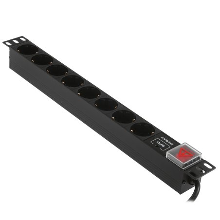 Блок розеток горизонтальный ExeGate ServerPro PDU-19H807 Al-8S-EU2-SW-SPD1, 19", 1U, Алюминий, 8 Schuko, кабель с евровилкой VDE-250V-16A-3*1.5мм2, 2 метра, выкл. с подсветкой, SPD1, черный