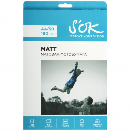 Фотобумага S'OK матовая, формат А4, плотность 180г/м2, 50 листов SA4180050M